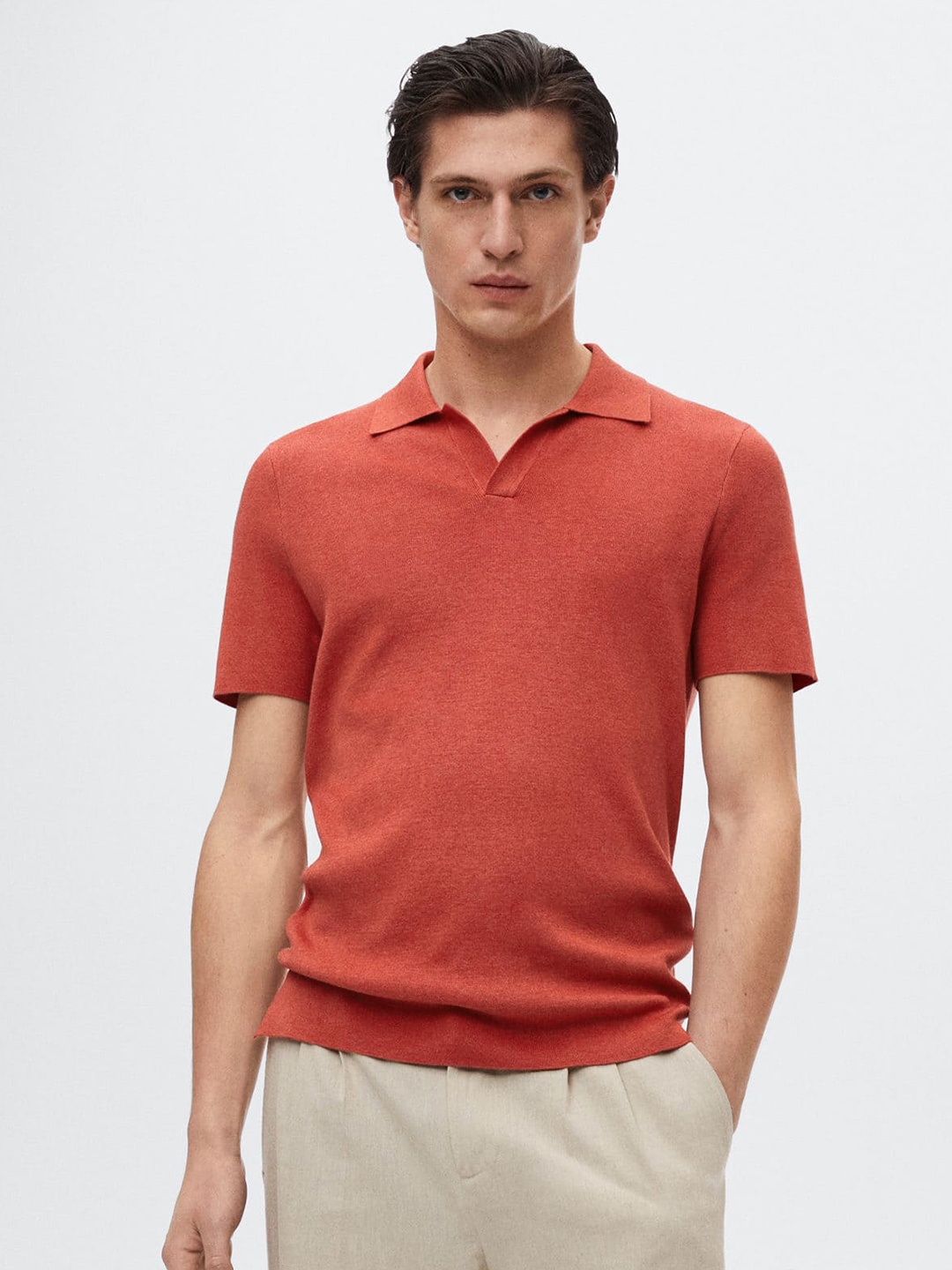 

MANGO MAN Men Coral Orange Polo Collar Sustainable T-shirt
