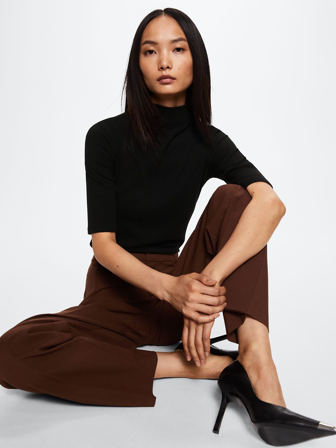

MANGO Women Black Solid High Neck Sustainable T-shirt