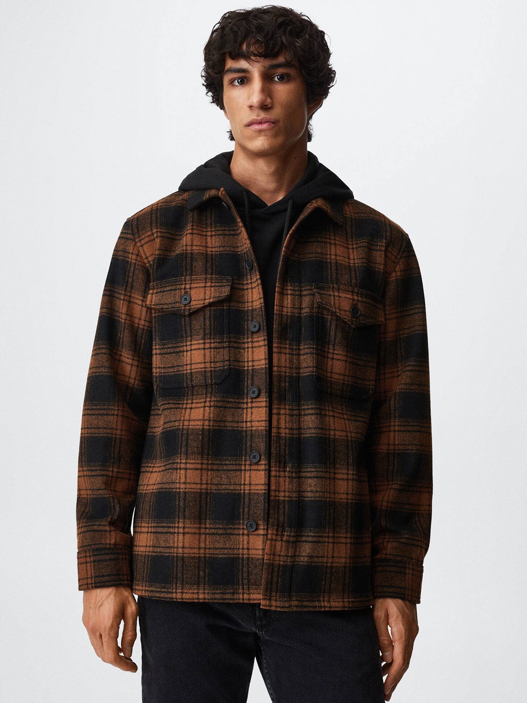 

MANGO MAN Opaque Checked Shacket, Brown