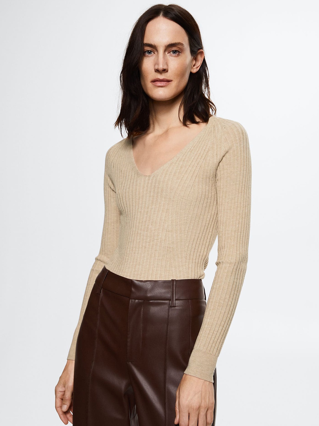 

MANGO Women Beige V-Neck Knitted Pullover