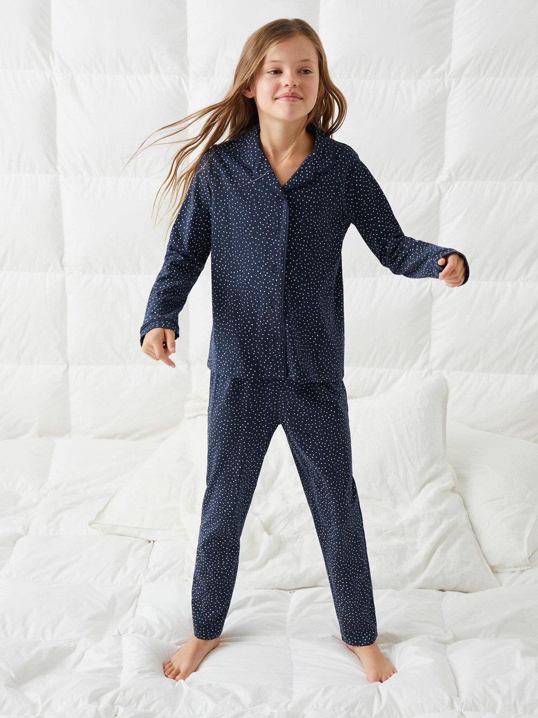 

Mango Kids Girls Geometric Print Pure Cotton Sustainable Pyjama Set, Navy blue
