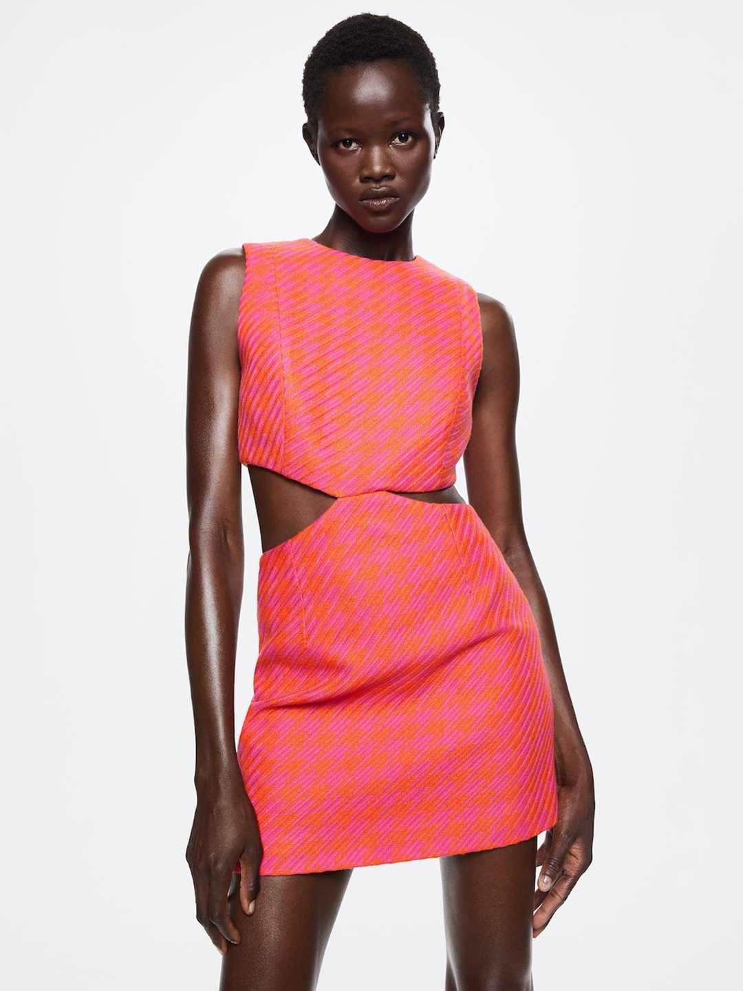 

MANGO Pink & Orange Houndstooth Sheath Mini Dress