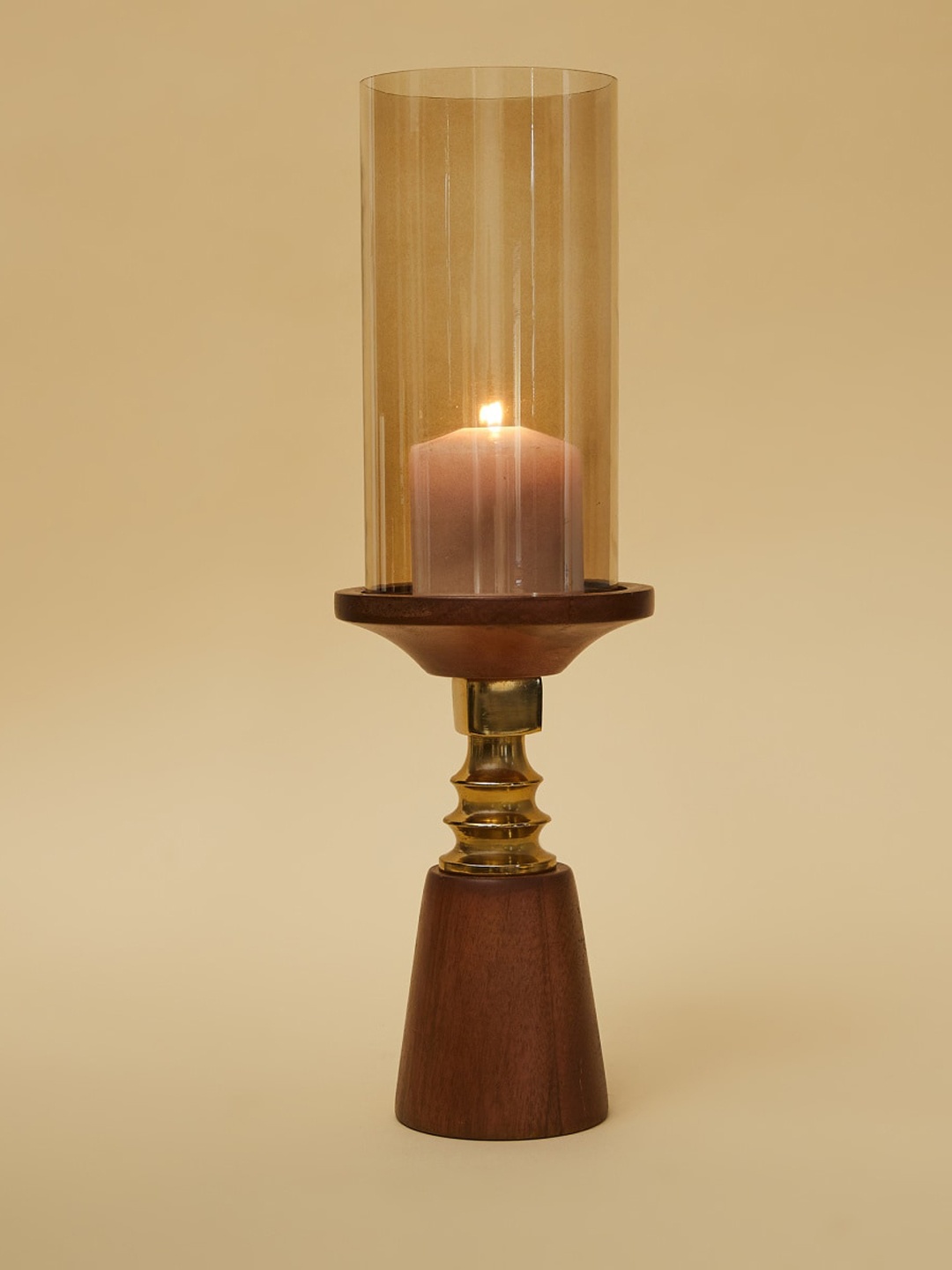 

Home Centre Brown & Golden Solid Hurricane Glass Candle Holder With Metal Stand