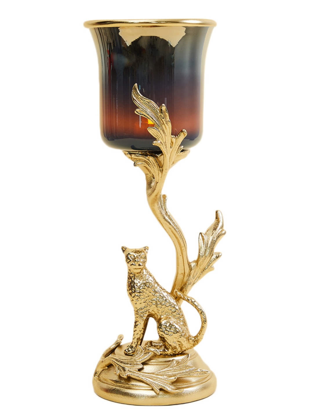 

Home Centre Gold-Toned & Blue Leopard Figurine & Glass Pillar Candle Holders