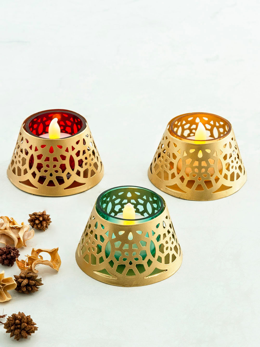 

Home Centre Set Of 3 Gold-Toned T-Light Candle Holder