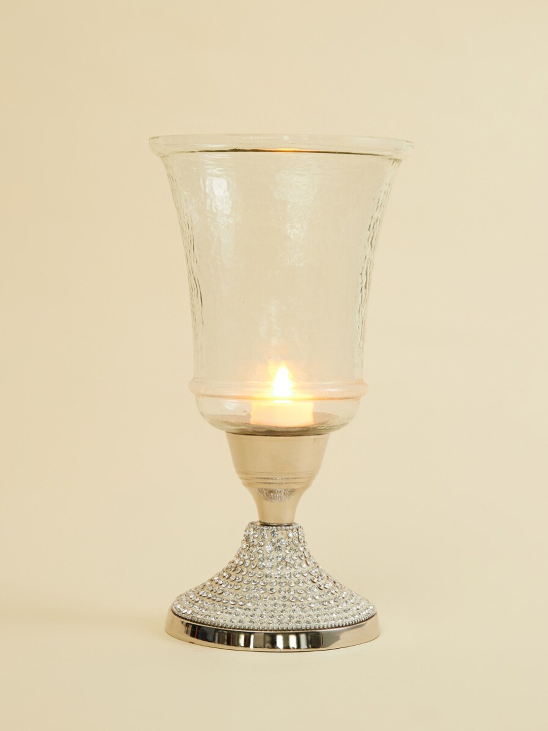 

Home Centre Silver-Toned & Transparent Textured Hurricane Candle Holder