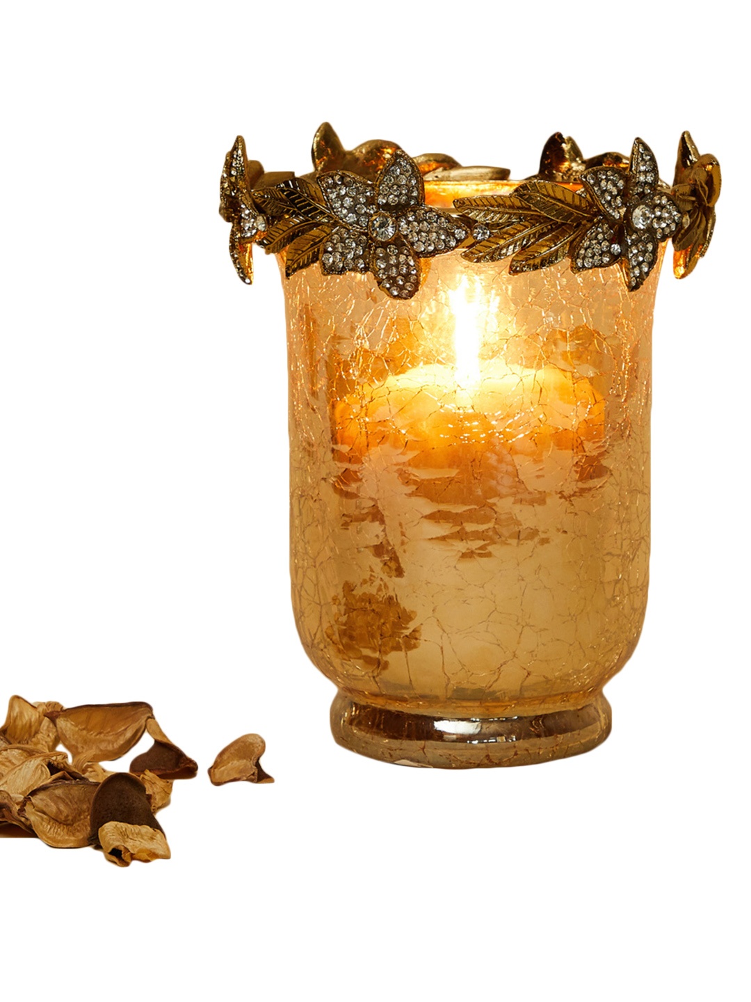 

Home Centre Gold-Toned Textured Crackle Glass Hurricane Candle Holder