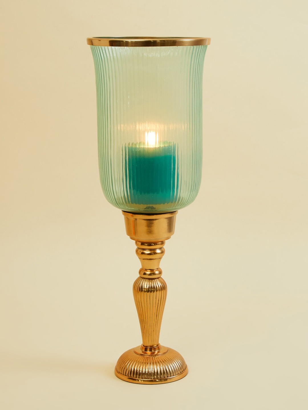 Home Centre Gold-Toned & Blue Textured Hurricane Candle Holders With Stand