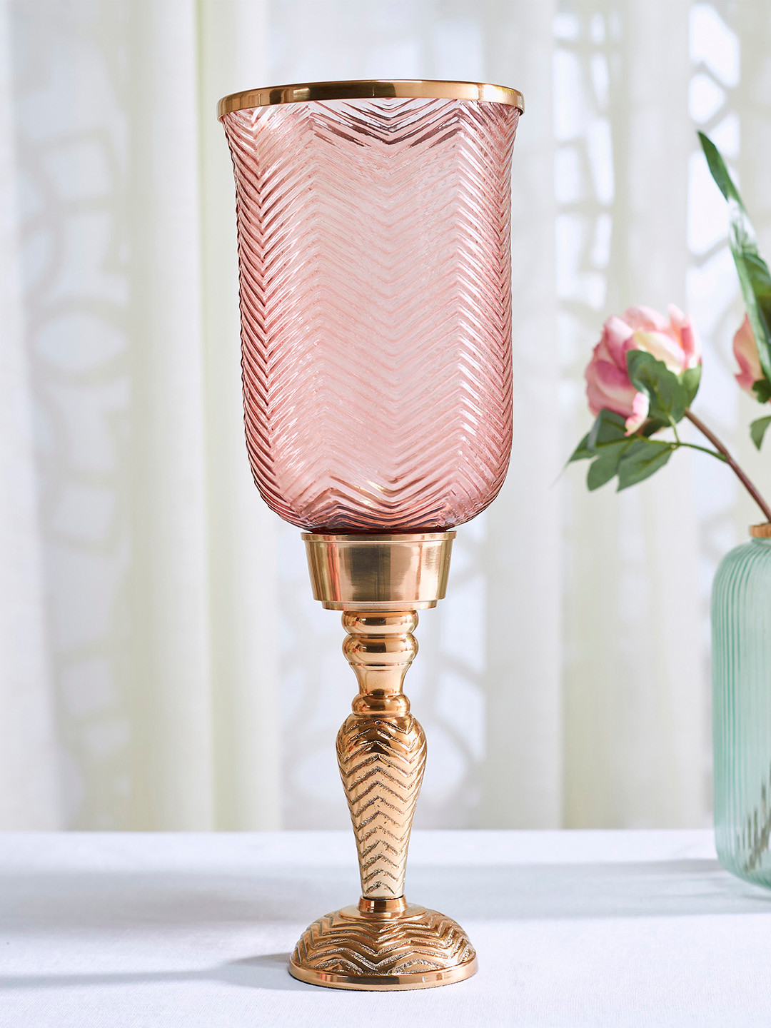 

Home Centre Pink Textured Hurricane Shaped Candle Holders With Stand