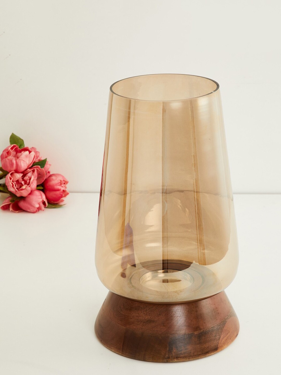 

Home Centre Brown Glass Hurricane With Wood Candle Holders