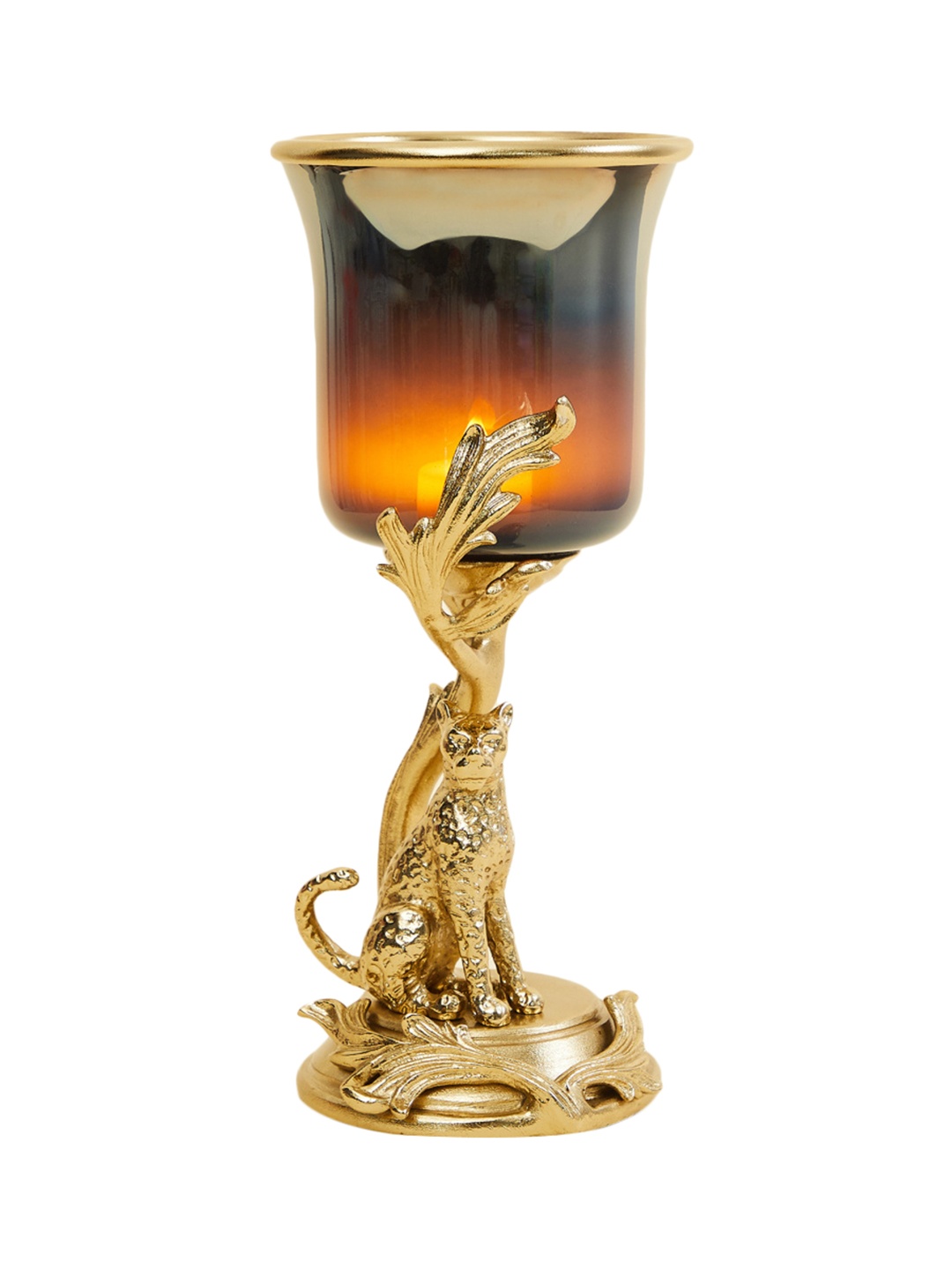 

Home Centre Blue & Gold-Toned Glass And Metal Pillar Candle Leopard Figurine Holders