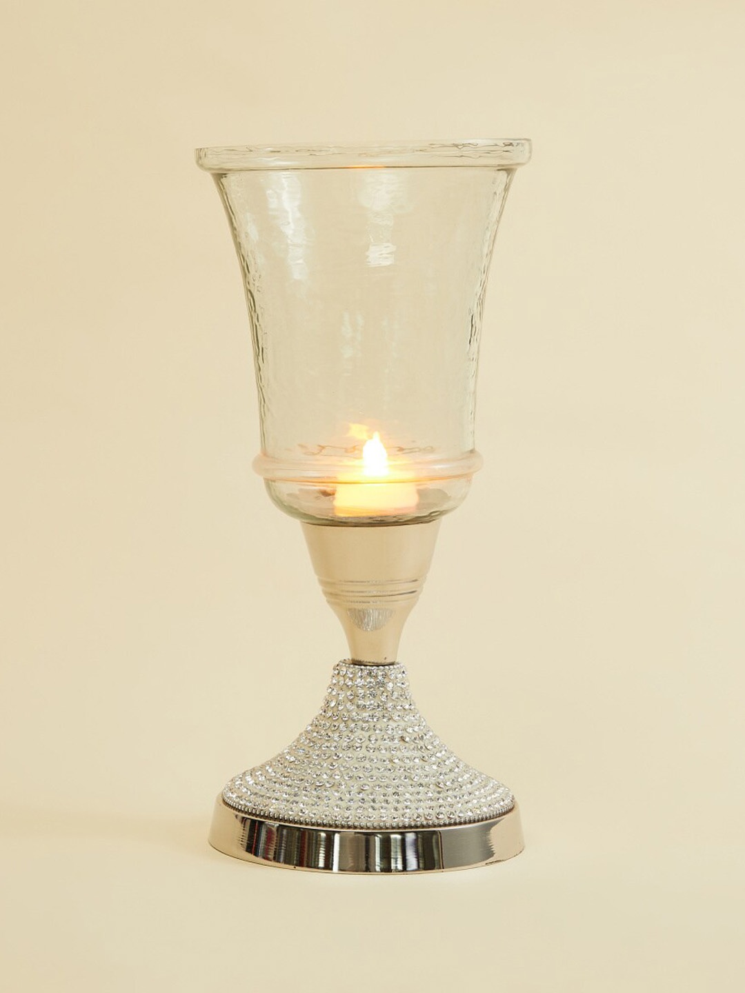 

Home Centre Silver-Toned & Transparent Textured Glass Hurricane Candle Holders
