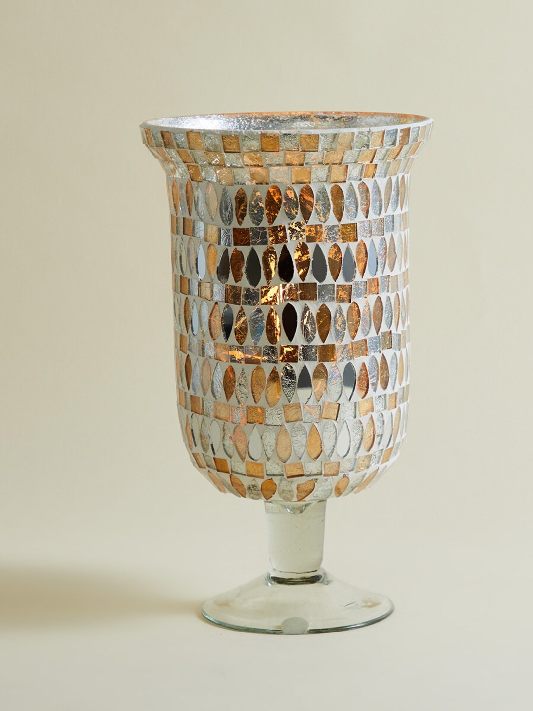 

Home Centre Silver Toned Mosaic Textured Hurricane Candle Holders