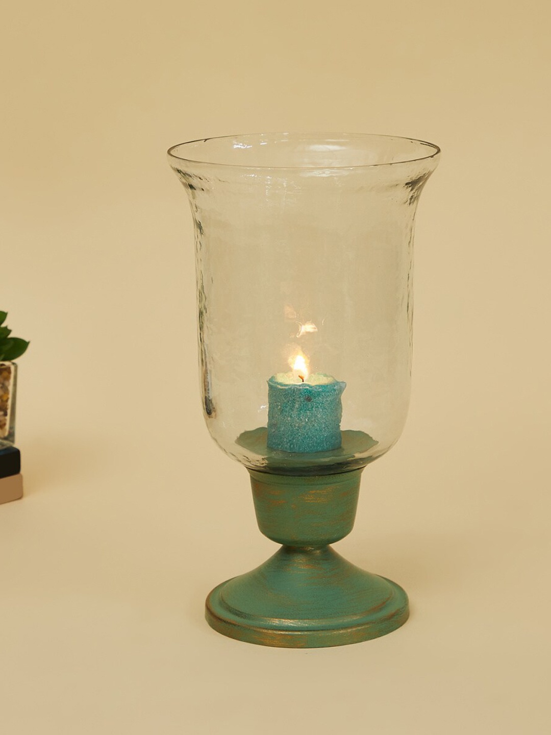 

Home Centre Green Textured Hurricane Glass Candle Holder
