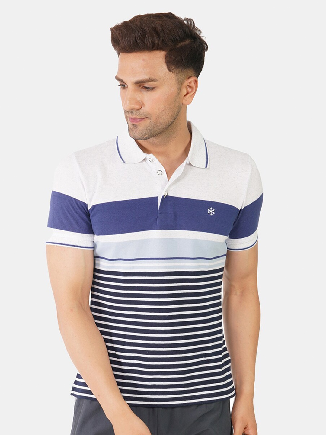 

MEMEN Men Blue Striped Polo Collar Cotton T-shirt