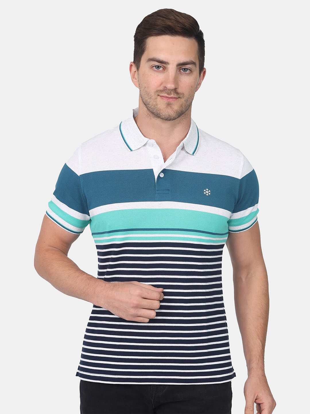 

MEMEN Men Teal & Black Striped Polo Collar T-shirt