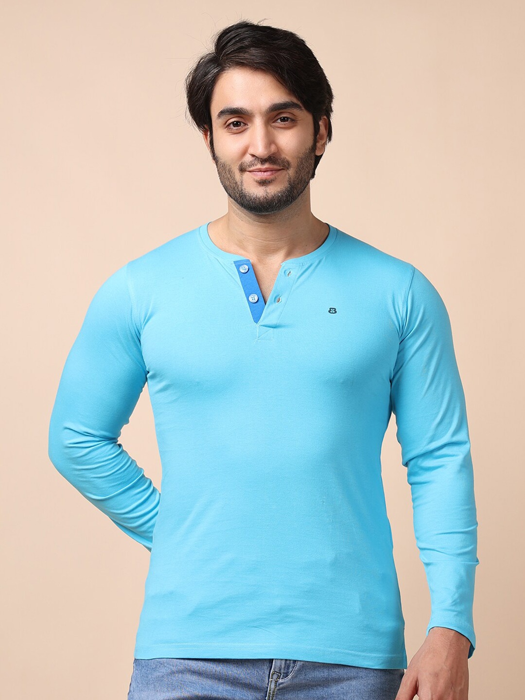 

berry blues Men Solid Henley Neck Cotton T-shirt, Blue