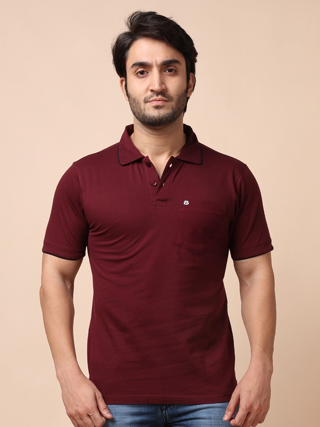 

berry blues Men Solid Cotton Polo Collar T-shirt, Maroon