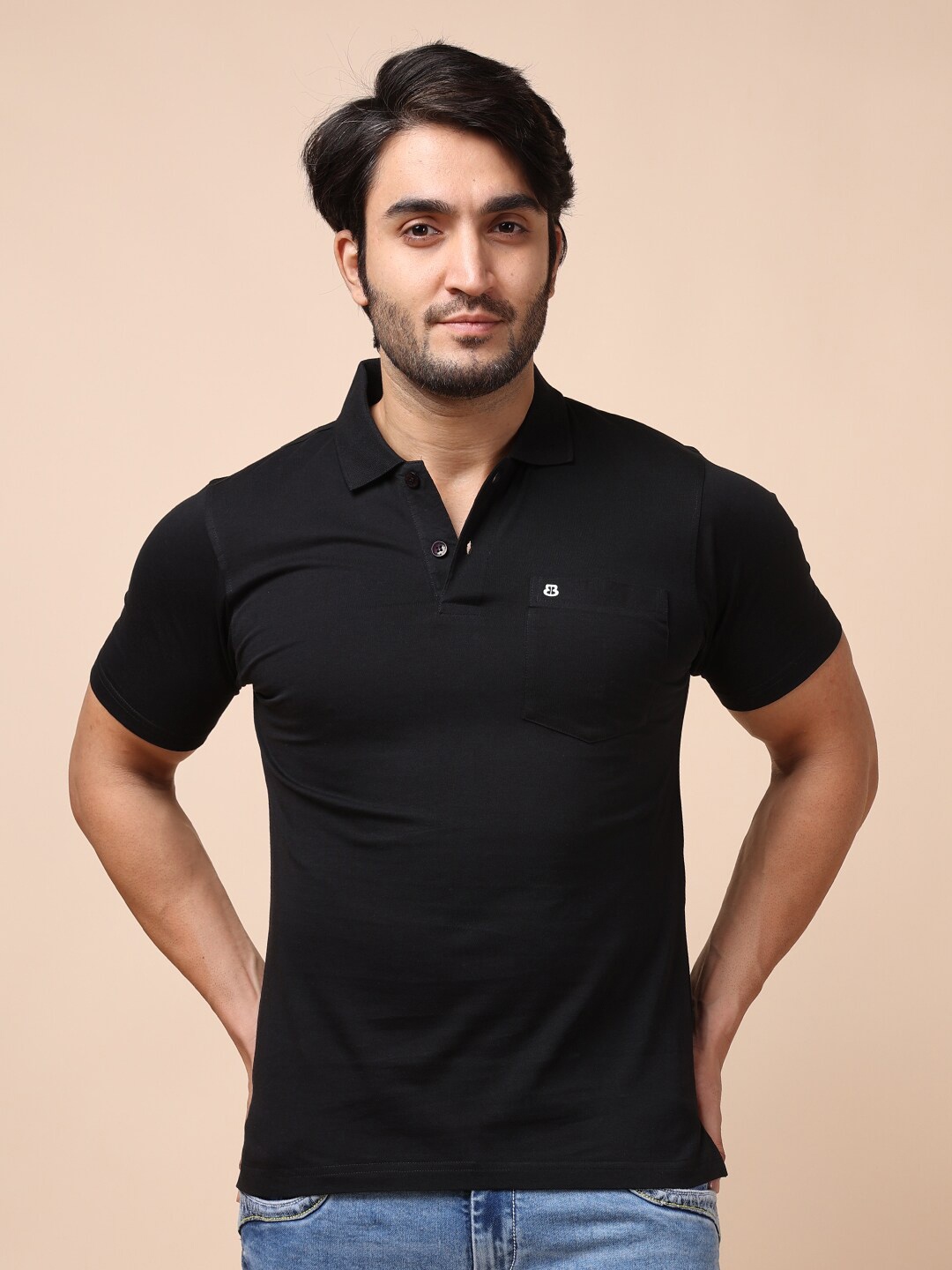 

berry blues Men Black Polo Collar Cotton T-shirt