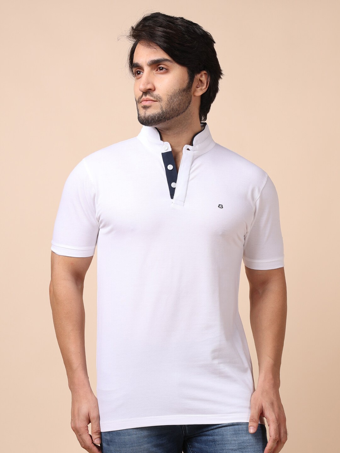 

berry blues Men White Mandarin Collar Cotton T-shirt