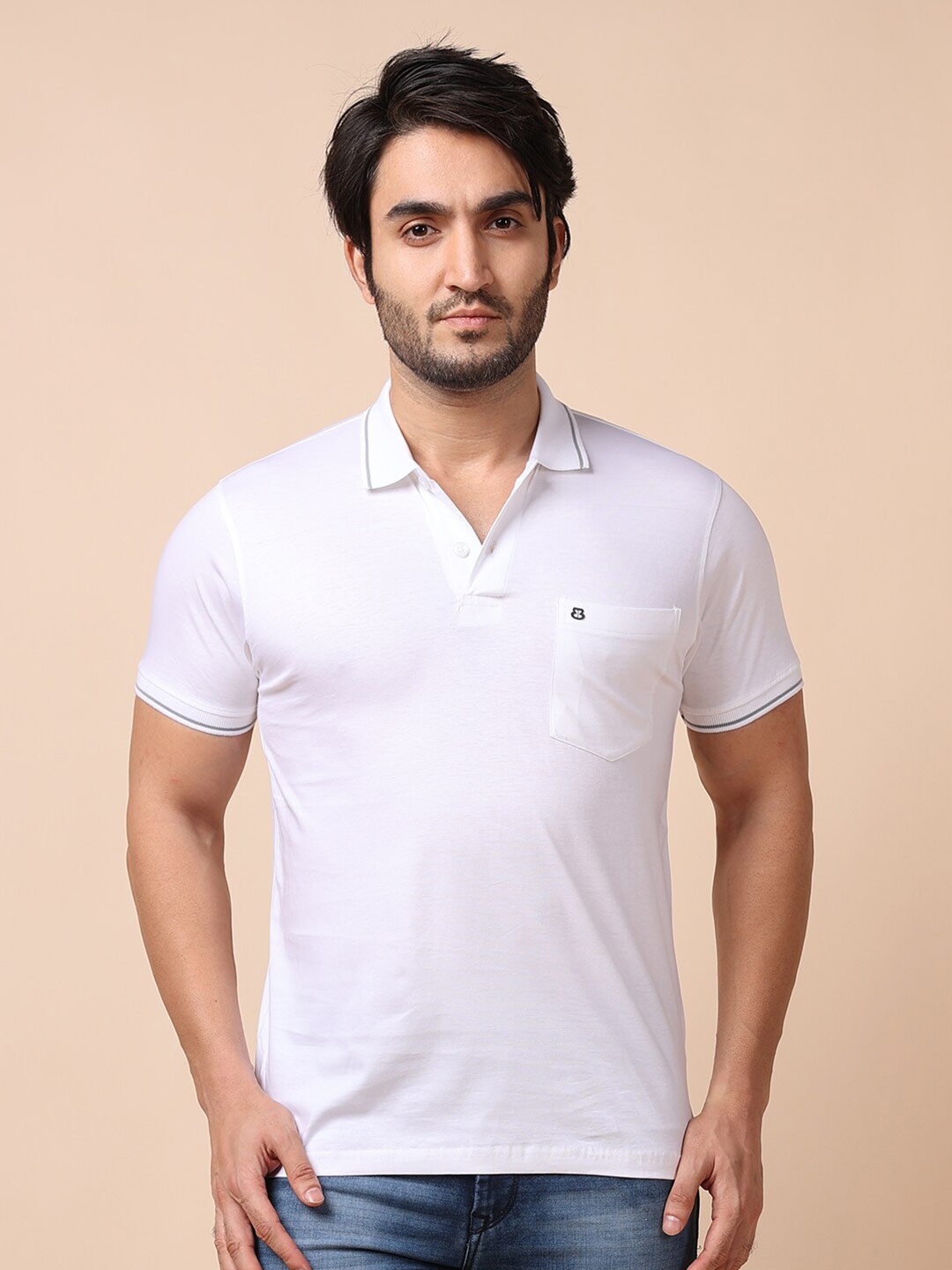 

berry blues Men White Polo Collar Cotton T-shirt