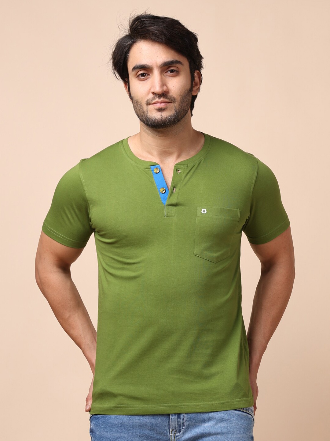 

berry blues Men Olive Green Henley Neck Cotton T-shirt