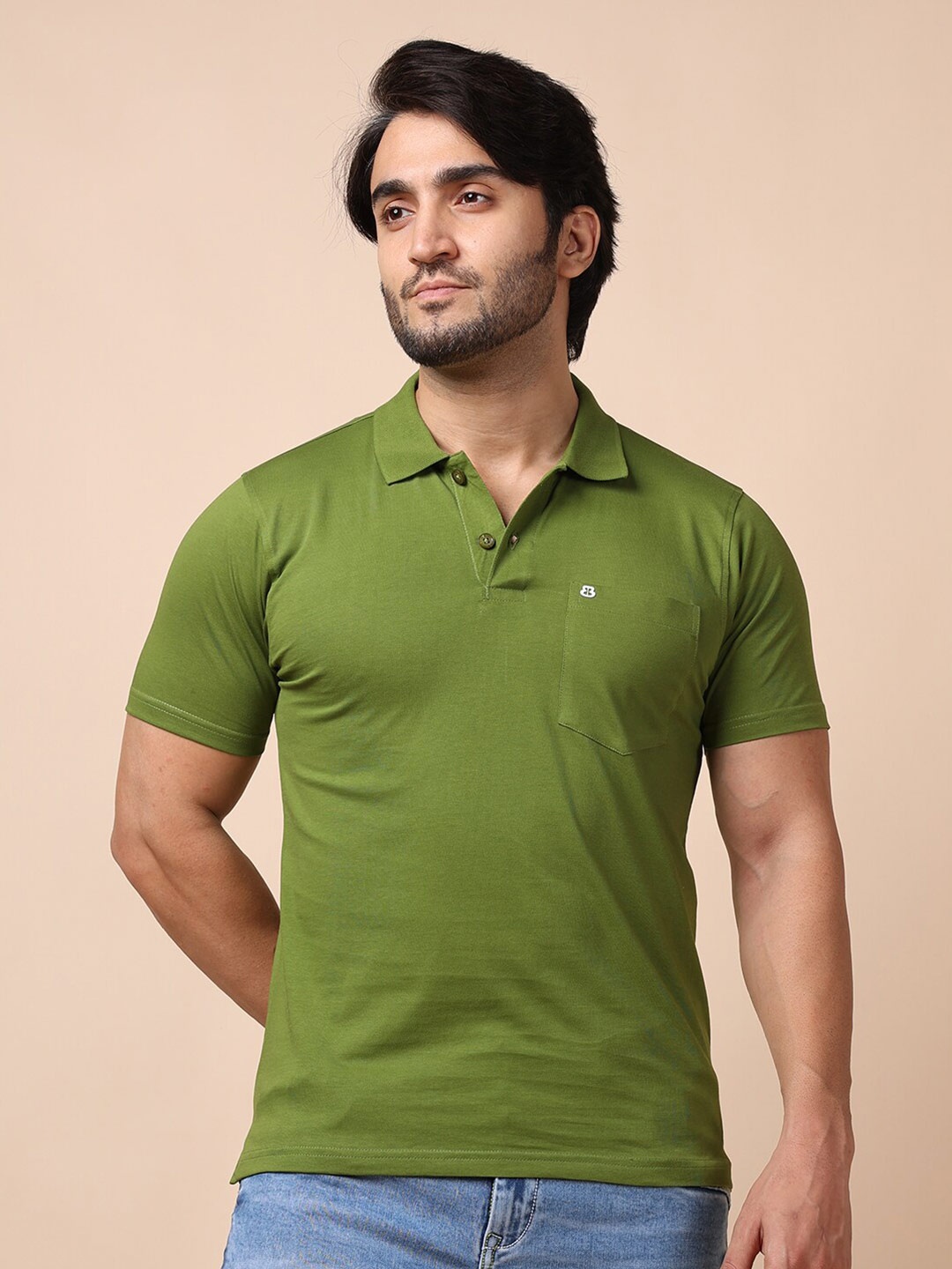 

berry blues Men Olive Green Polo Collar Cotton T-shirt