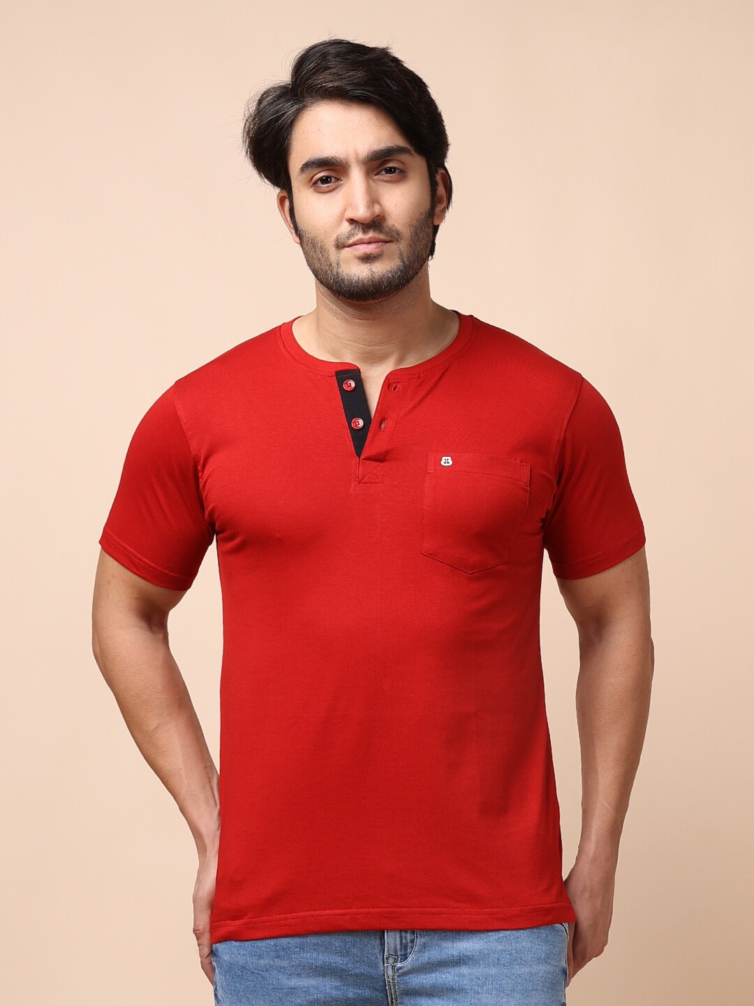 

berry blues Men Solid Henley Neck Cotton T-shirt, Red