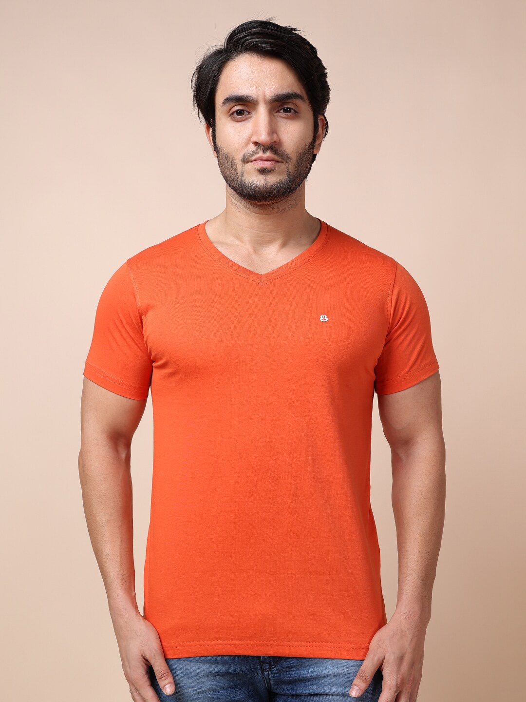

berry blues Men Rust Orange V-Neck Cotton T-shirt