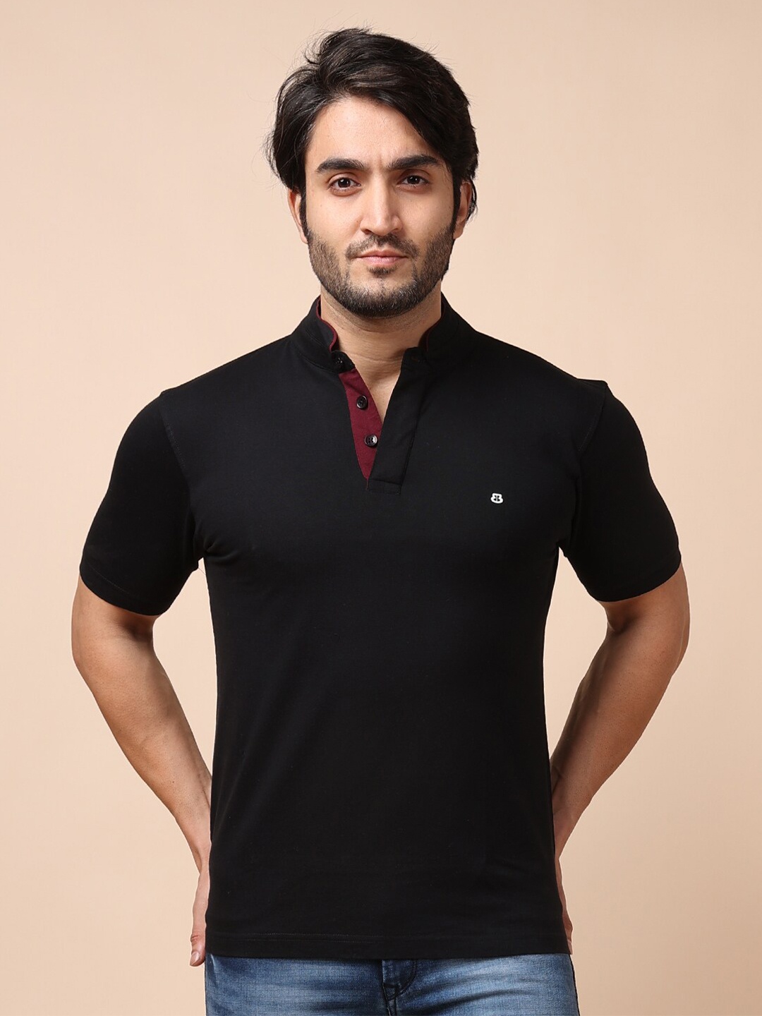 

berry blues Men Solid Cotton Mandarin Collar T-shirt, Black