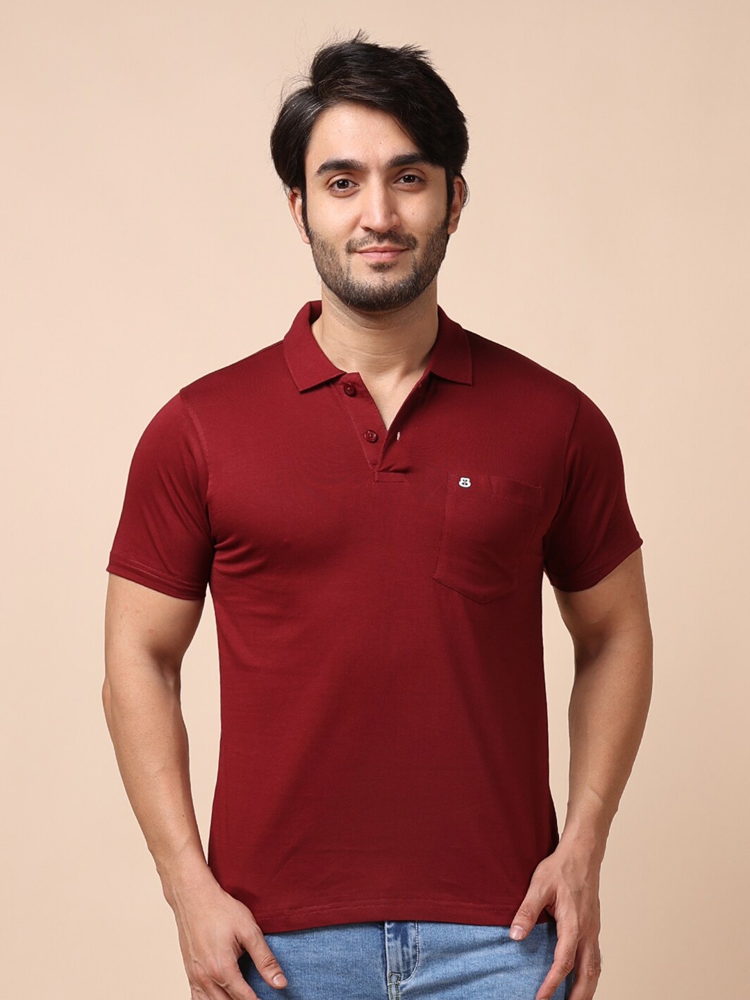 

berry blues Men Solid Polo Collar Cotton T-shirt, Maroon