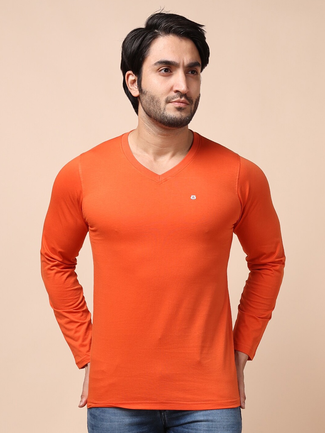 

berry blues Men Rust Orange V-Neck Cotton T-shirt