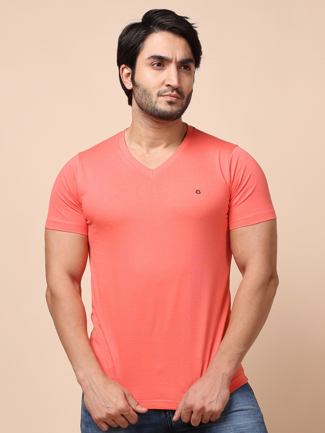 

berry blues Men Pink V-Neck Cotton T-shirt