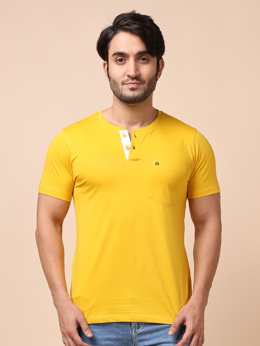 

berry blues Men Solid Henley Neck Cotton T-shirt, Yellow