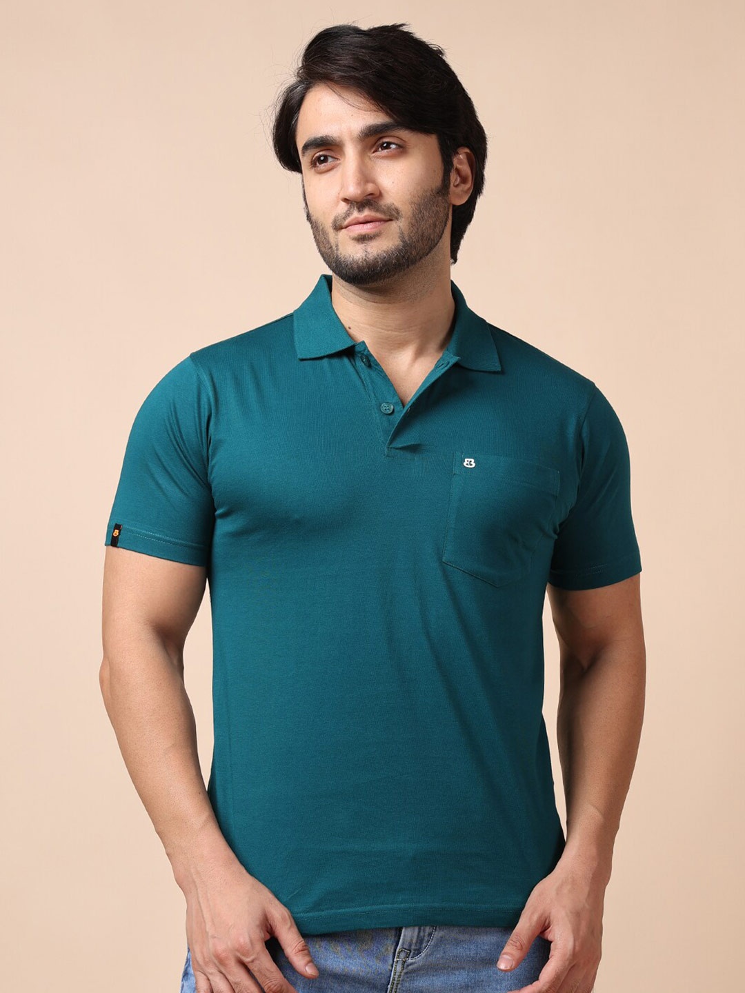 

berry blues Men Solid Polo Collar Cotton T-shirt, Teal