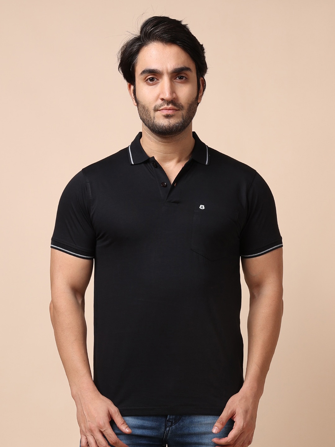 

berry blues Men Solid Polo Collar Cotton T-shirt, Black