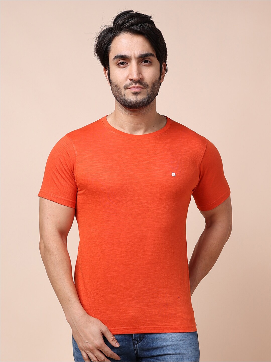 

berry blues Men Rust Orange Solid Cotton T-shirt