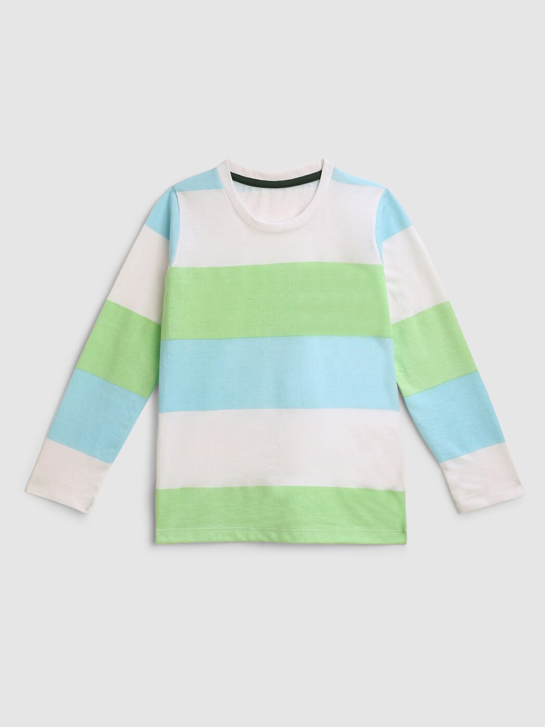 

YK Boys White Blue & Green Horizontal Colour Blocked Striped T-shirt