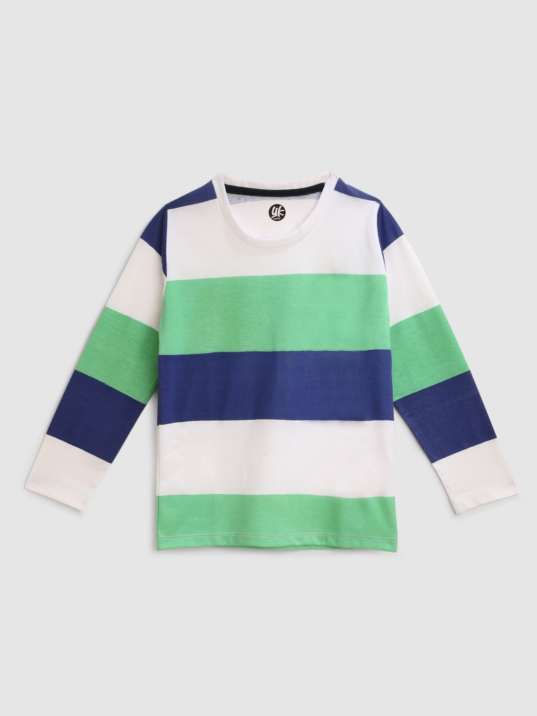 

YK Boys White Blue & Green Horizontal Colour Blocked Striped T-shirt