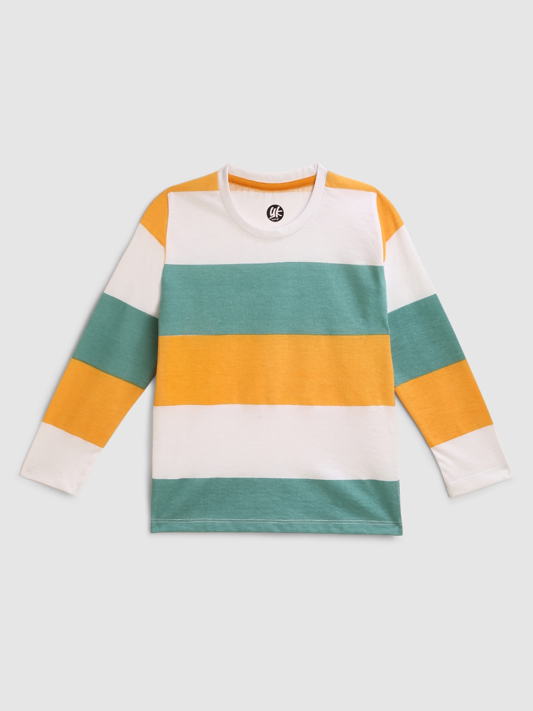 

YK Boys White Orange & Olive Green Horizontal Colour Blocked Striped T-shirt