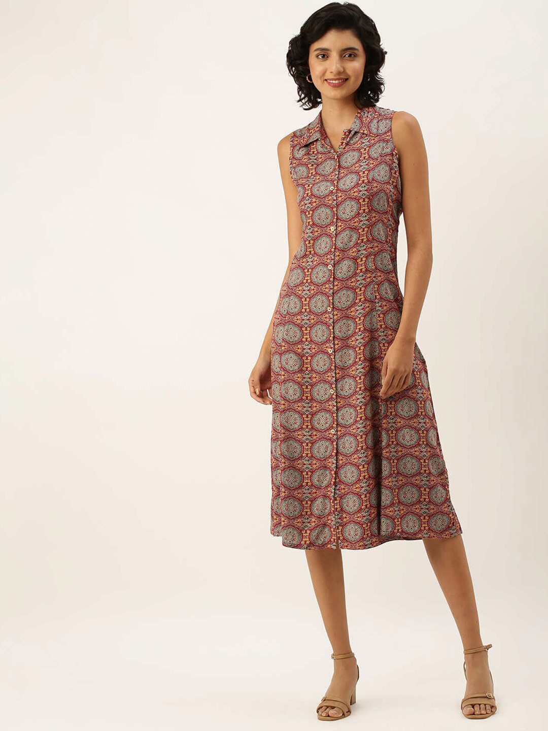 

ZOLA Women Maroon & Grey Ethnic Motifs Ethnic A-Line Midi Dress