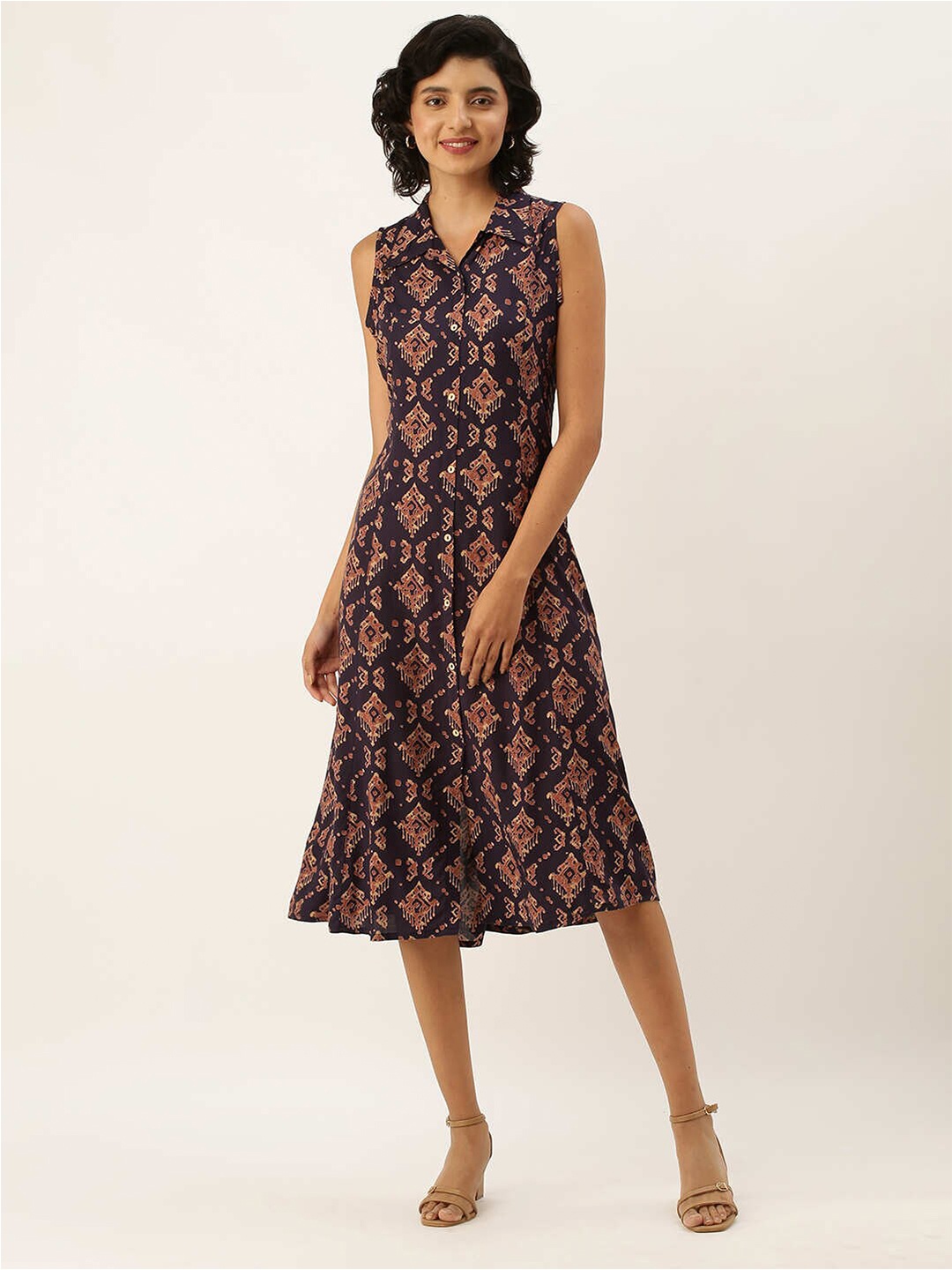 

ZOLA Women Navy Blue & Beige Ethnic Motifs A-Line Midi Dress