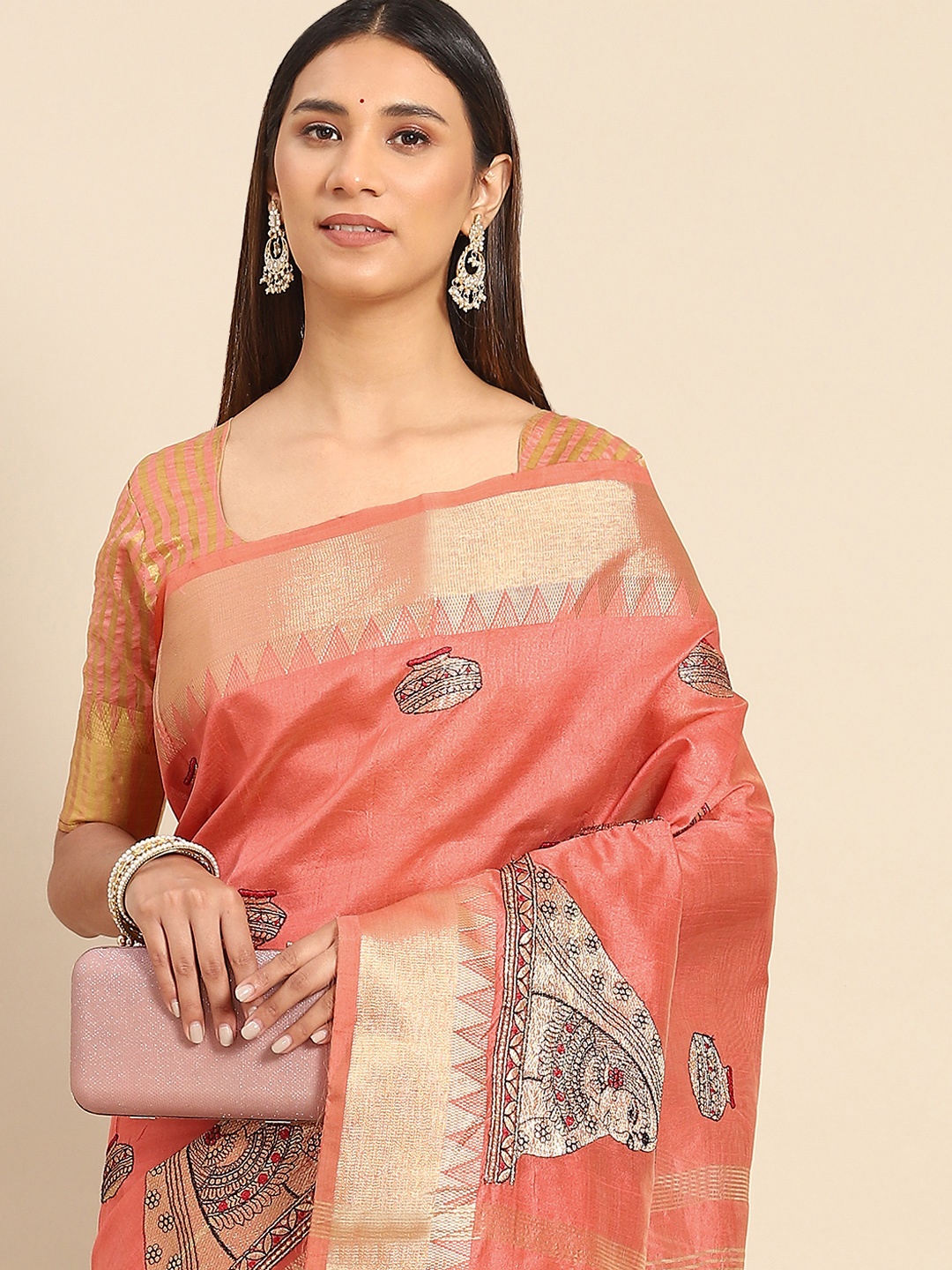 

Mitera Peach-Coloured & Gold-Toned Ethnic Motifs Embroidered Silk Cotton Chanderi Saree