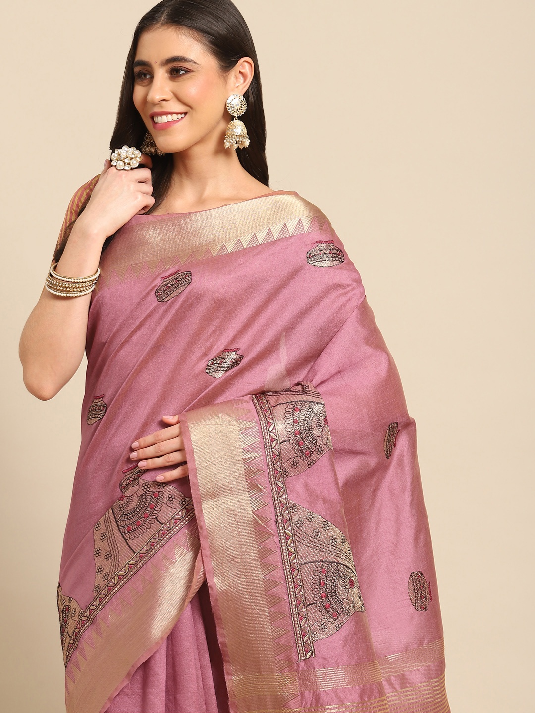 

Mitera Pink Woven Design Silk Cotton Chanderi Saree