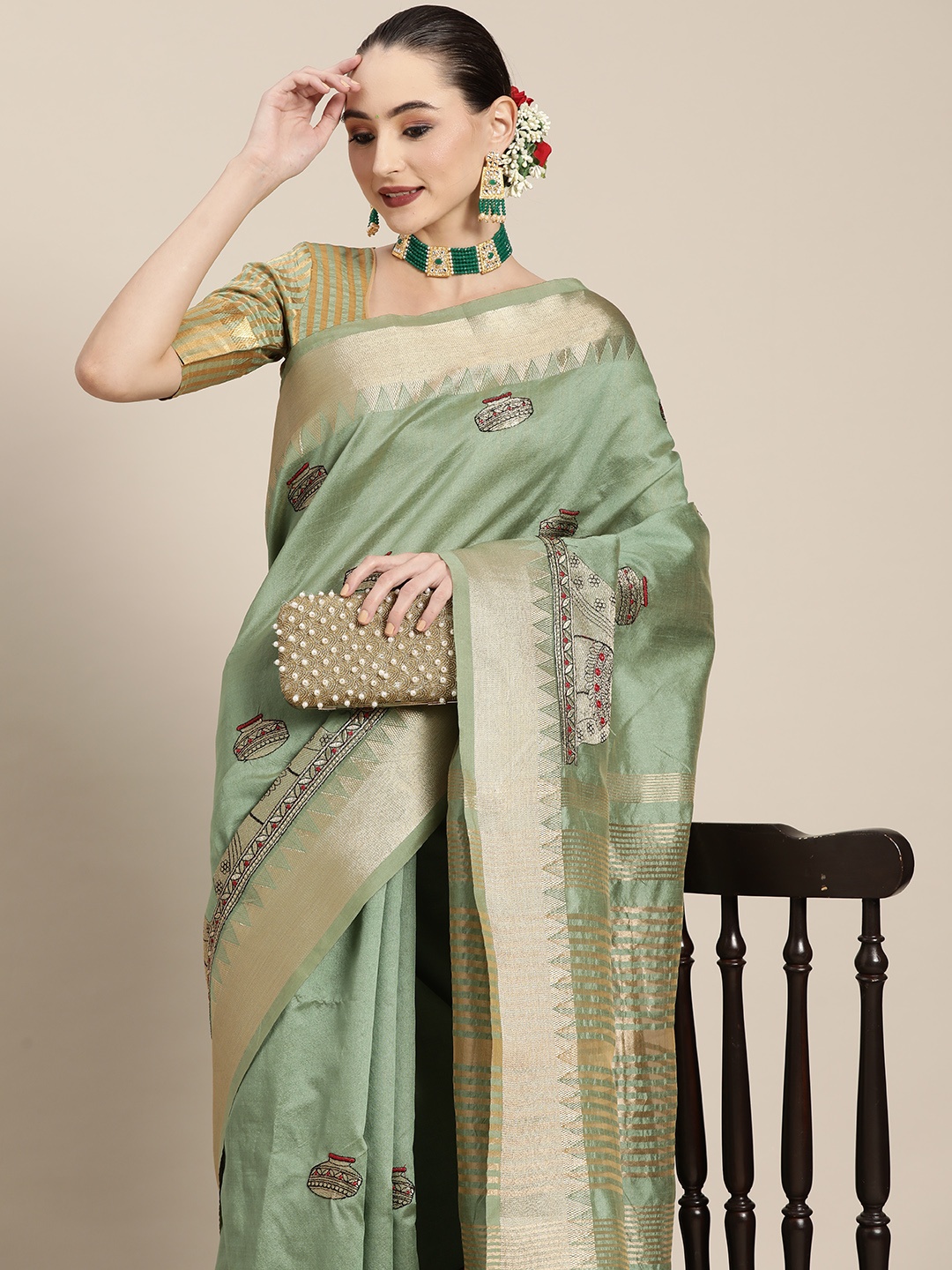 

Mitera Green Ethnic Motifs Silk Cotton Chanderi Saree