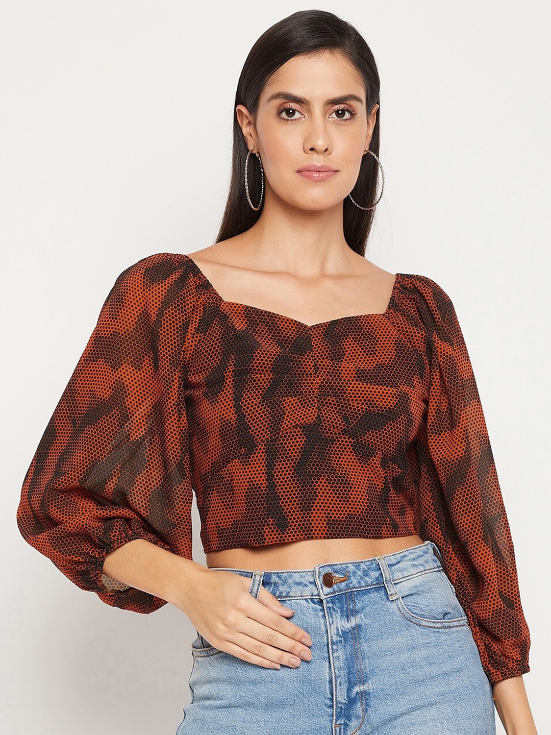 

Madame Women Orange Print Sweetheart Neck Crop Top