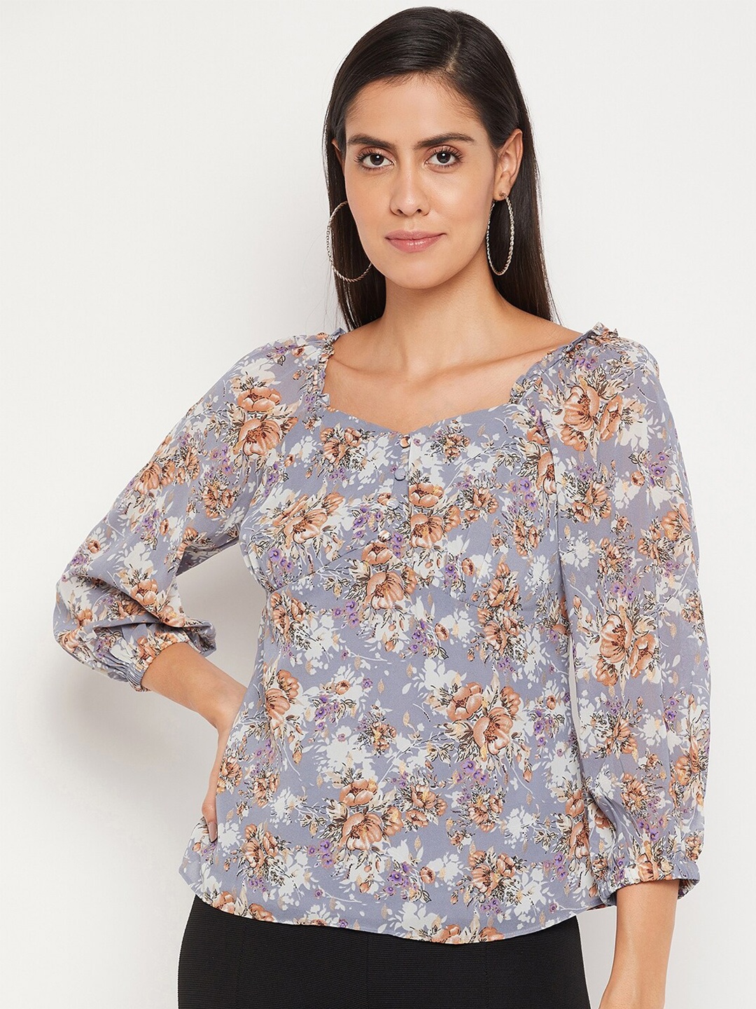 

Madame Women Blue Floral Print Sweetheart Neck Top