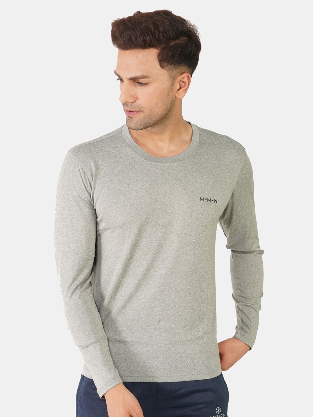 

MEMEN Men Round Neck Solid Grey T-shirt