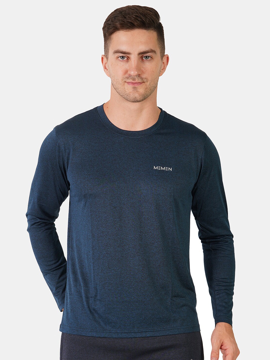 

MEMEN Men Round Neck Solid Long Sleeves Navy Blue T-shirt
