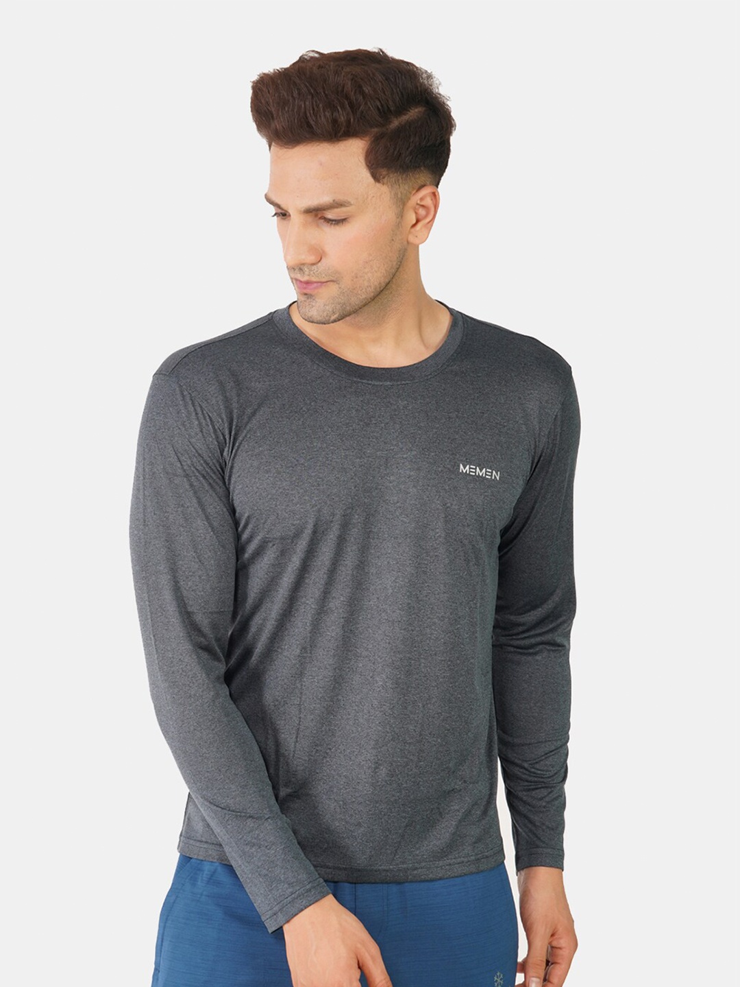 

MEMEN Men Round Neck Solid Long Sleeves Charcoal T-shirt